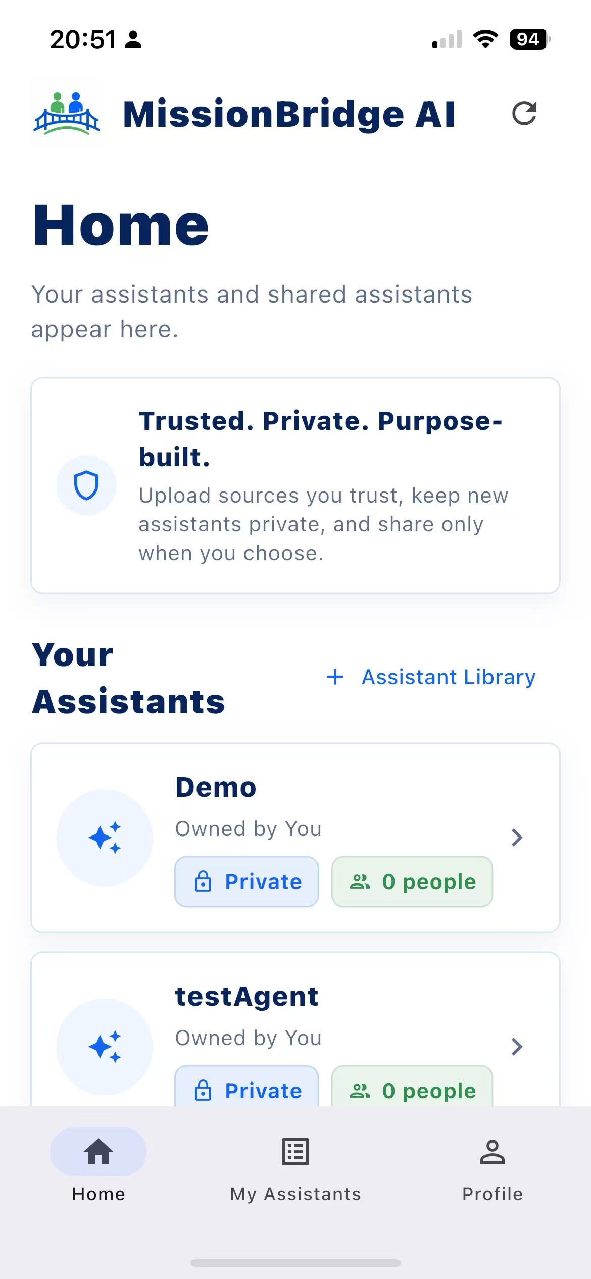 MissionBridge AI Home screen showing Demo and testAgent assistants