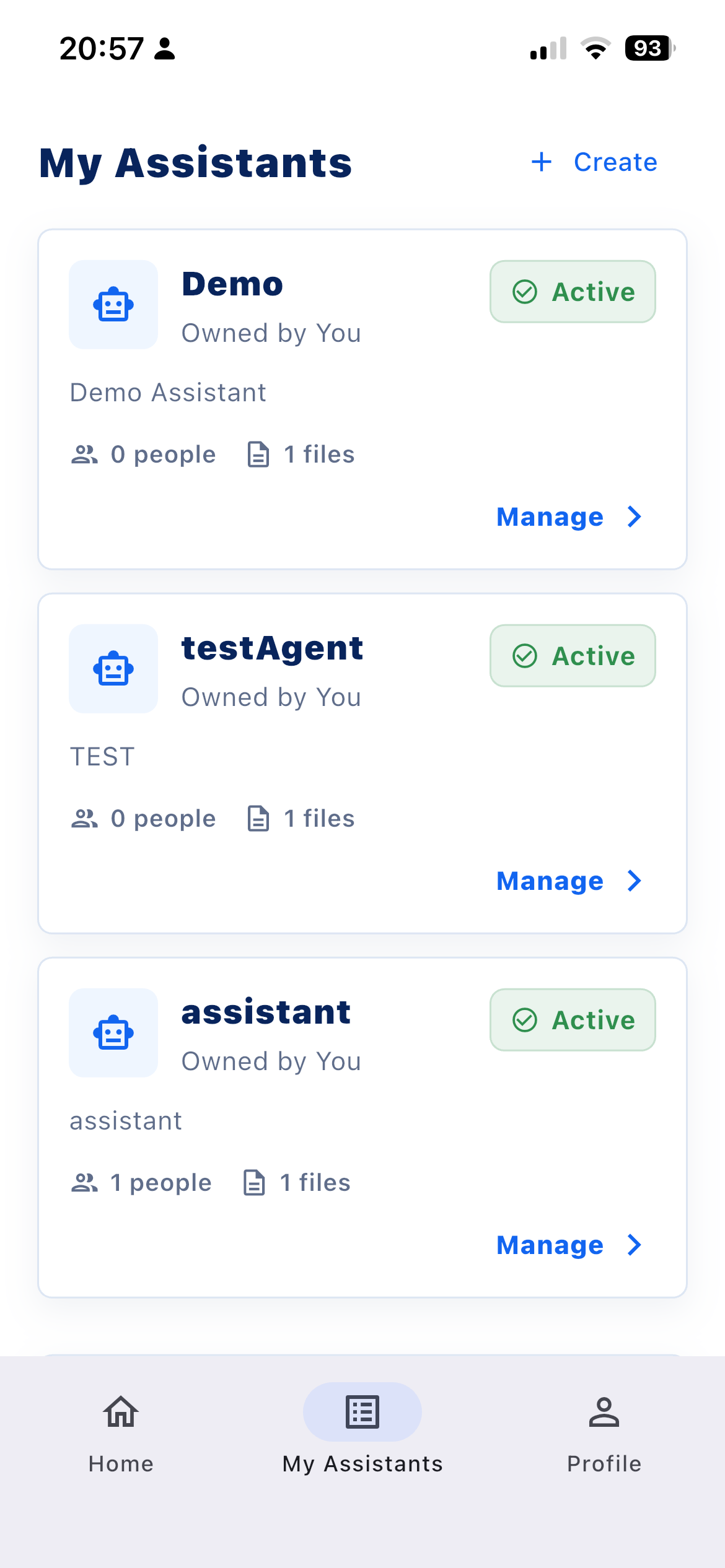MissionBridge AI My Assistants screen showing Demo, testAgent, and assistant with their management controls